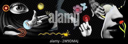 Bannière grunge illustration vectorielle collage. points punk demi-tons éléments de collage comme les lèvres, les yeux, le nez, la bouche, les lèvres, et touchez les éléments de gribouillage Banque D'Images