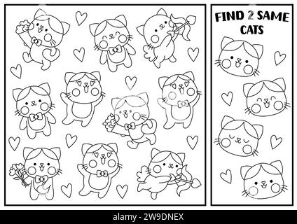 Trouvez deux chats identiques. Activité assortie en noir et blanc Saint Valentin Kawaii. Feuille de travail de quiz de ligne éducative d'amour pour les enfants. Imprimable simple Illustration de Vecteur