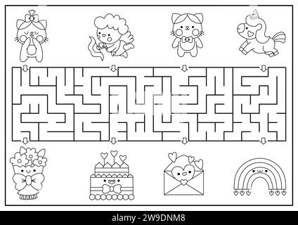 Labyrinthe noir et blanc Saint Valentin pour les enfants. Aimez l'activité imprimable de ligne de vacances avec des caractères Kawaii. Jeu de labyrinthe, puzzle, coloriage avec Illustration de Vecteur