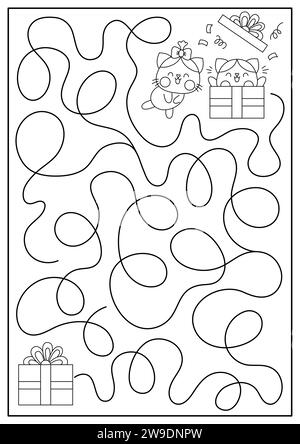 Labyrinthe noir et blanc Saint Valentin pour les enfants. Amour vacances préscolaire activité de ligne imprimable avec les chats Kawaii, présent. Jeu de labyrinthe, coloriage Illustration de Vecteur