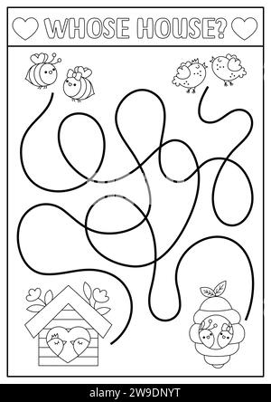 Labyrinthe noir et blanc Saint Valentin pour les enfants. Amour ligne vacances activité imprimable avec kawaii bourdons, nichoir, ruche. Jeu de labyrinthe, puzzle Illustration de Vecteur