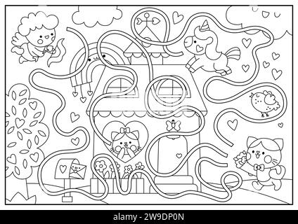 Labyrinthe noir et blanc Saint Valentin pour les enfants. Aimez l'activité imprimable de ligne de vacances avec kawaii licorne, arc-en-ciel, cupidon. Jeu de labyrinthe, puzzle, couleur Illustration de Vecteur