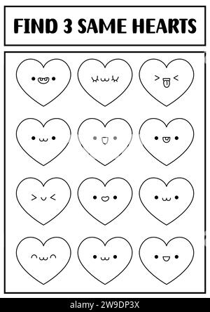 Trouvez deux mêmes cœurs. Saint Valentine Kawaii activité assortie noir et blanc pour les enfants. Feuille de travail de quiz de ligne éducative d'amour pour les enfants. PR Illustration de Vecteur