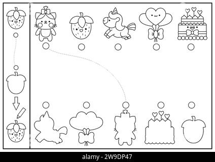 Saint Valentin forme noir et blanc assortie, coloriage, activité de dessin. Amour de vacances Kawaii puzzle. Trouvez la feuille de calcul imprimable de silhouette correcte. C Illustration de Vecteur