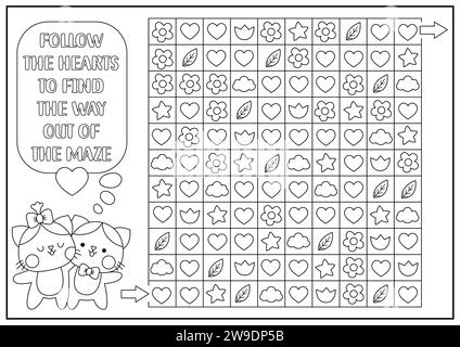 Saint Valentin labyrinthe noir et blanc, chercher et trouver un jeu avec des coeurs, des fleurs, des étoiles. Kawaii activité imprimable, puzzle, coloriage pour les enfants. Logique Illustration de Vecteur