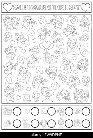 Saint Valentin noir et blanc I jeu d'espionnage pour les enfants. Recherche et comptage de l'activité Kawaii. Feuille de travail imprimable de vacances d'amour pour les enfants d'âge préscolaire. Illustration de Vecteur