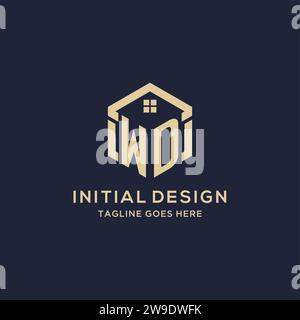 Initiales WD logo avec forme hexagonale de toit de maison abstraite, graphique vectoriel de conception de logo immobilier simple et moderne Illustration de Vecteur