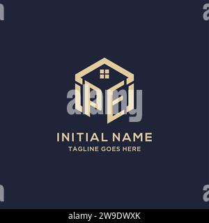 Initiales PE logo avec forme hexagonale de toit de maison abstraite, graphique vectoriel de conception de logo immobilier simple et moderne Illustration de Vecteur