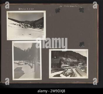 Vacances de sports d'hiver à Semmering, Autriche, Berti Hoppe (possible), 1930 photographier trois paysages d'hiver à Semmering, un sur lequel un homme est assis sur une clôture. Les inscriptions indiquent que les photos ont été prises dans la région de Steinhaus. Il manque une photo sur le magazine de l'album. Ces photos font partie d'un album. Semmering carton. support photographique gélatine argentique paysage d'hiver ; paysage symbolisant l'hiver (les quatre saisons de l'année). homme adulte. Route, chemin Semmering Banque D'Images