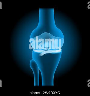 Anatomie articulaire du genou. Vue de face du genou humain avec effet lumineux. Joint bleu transparent réaliste avec os, ménisque, ligaments et cartilage sur da Illustration de Vecteur