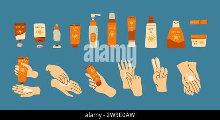 grand ensemble de produits cosmétiques et mains sur fond bleu. Illustration vectorielle inclus des mains dans différentes poses vue de dessus et grand ensemble de crèmes, lotions, spay Illustration de Vecteur