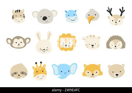 Grand ensemble de tête d'animal, portraits avec visage mignon. Illustration vectorielle peut être utilisée pour la conception de pépinière, textile, affiche, motif et papier d'emballage. Jungle mignonne, forêt boisée bébés animaux. Illustration de Vecteur