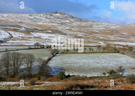 Paysage hivernal, vue à travers les champs aux landes et un tor avec de la neige, Dartmoor National Park, Devon, Angleterre Banque D'Images