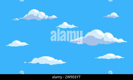 Ensemble de nuages de pixels. Nuages volants sur ciel bleu. ciel 8 bits, scène nuageuse de style rétro. collection vectorielle d'éléments de jeu vidéo 16 bits Illustration de Vecteur