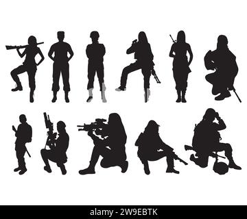 Soldat féminin, vecteur de soldat, Bundle vecteur de soldat, Bundle SVG militaire, Salute de soldat de l'armée, soldats Silhouette, Soldier Clipart, WMAN Soldier Illustration de Vecteur