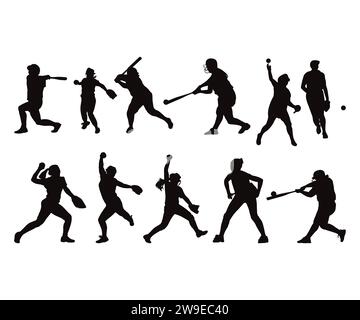 Softball femmes, lanceur de filles de baseball, silhouettes de softball, fille de softball, paquet de joueur de softball, Softballs Clipart, Sports clip Art Illustration de Vecteur