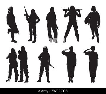 Soldat féminin, vecteur de soldat, Bundle vecteur de soldat, Bundle SVG militaire, Salute de soldat de l'armée, soldats Silhouette, Soldier Clipart, WMAN Soldier Illustration de Vecteur