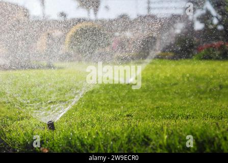 Arroseurs arrosant la pelouse verte. Système d'irrigation automatique. Banque D'Images