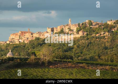 Luxuriante vignes verdoyantes et le charmant village historique toscan perché Montepulciano sur une soirée ensoleillée d'été dans la campagne rurale de la Toscane, I Banque D'Images