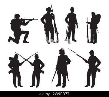 Silhouettes de guerre civile, vecteur de canon, Révolution civile, soldats, Silhouette de soldat, armistice, Révolution américaine Illustration de Vecteur