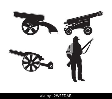 Silhouettes de guerre civile, vecteur de canon, Révolution civile, soldats, Silhouette de soldat, armistice, Révolution américaine Illustration de Vecteur
