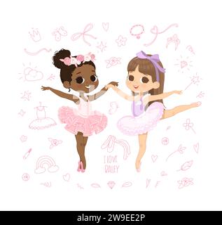 J'adore Ballet Poster. Two Girls Dancing. Ballerina Girl Dancing en robe rose. African American enfant porter robe Tutu rose et entraînement de pointe de danse Illustration de Vecteur