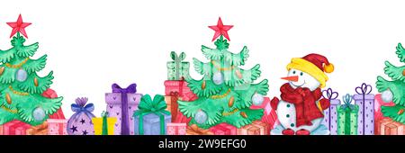 Composition d'aquarelle de noël dessinée à la main avec la bordure sans couture de bonhomme de neige et de sapin isolée sur fond blanc. Peut être utilisé pour étiquette, ruban adhésif, décor Banque D'Images