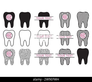 Silhouettes de dent, clipart dentaire, paquet de vecteur de monogramme de dent, battement de coeur de dent, monogramme de fente dentaire, cadre de nom de fente de dent, clipar de monogramme dentaire Illustration de Vecteur