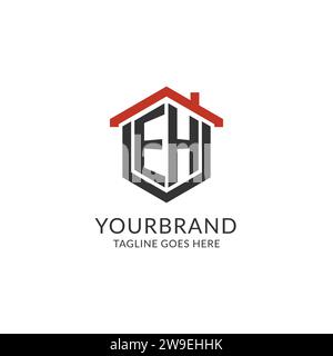 Logo initial EH monogramme avec conception de forme hexagonale de toit à la maison, graphique vectoriel de conception de logo immobilier simple et minimal Illustration de Vecteur