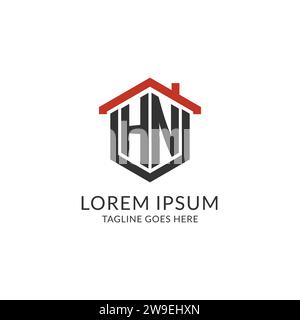 Monogramme initial de logo HN avec la conception de forme hexagonale de toit de maison, graphique vectoriel de conception de logo immobilier simple et minimal Illustration de Vecteur