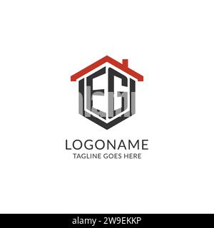 Logo initial EG monogramme avec design de forme hexagonale de toit à la maison, graphique vectoriel de conception de logo immobilier simple et minimal Illustration de Vecteur