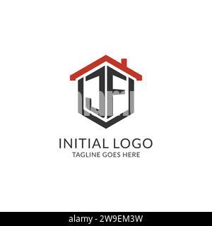 Monogramme initial de logo JF avec la conception de forme hexagonale de toit de maison, graphique vectoriel de conception de logo immobilier simple et minimal Illustration de Vecteur