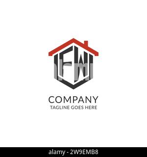 Monogramme initial de logo FW avec conception de forme hexagonale de toit de maison, graphique vectoriel de conception de logo immobilier simple et minimal Illustration de Vecteur