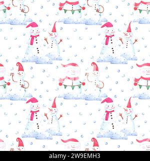 Motif sans couture de bonhomme de neige aquarelle dessiné à la main. Illustration de Noël isolé sur fond blanc. Peut être utilisé pour le textile, le tissu, l'emballage et d'autres Banque D'Images