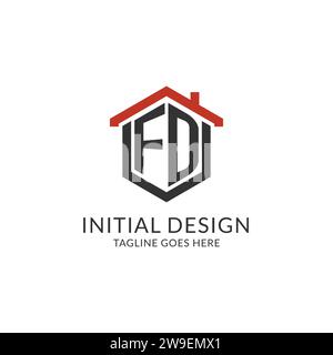 Monogramme initial de logo FD avec conception de forme hexagonale de toit de maison, graphique vectoriel de conception de logo immobilier simple et minimal Illustration de Vecteur