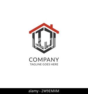 Monogramme initial de logo IJ avec la conception de forme hexagonale de toit de maison, graphique vectoriel de conception de logo immobilier simple et minimal Illustration de Vecteur