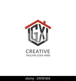 Monogramme initial de logo GX avec conception de forme hexagonale de toit de maison, graphique vectoriel de conception de logo immobilier simple et minimal Illustration de Vecteur