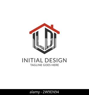 Monogramme initial de logo LD avec conception de forme hexagonale de toit à la maison, graphique vectoriel de conception de logo immobilier simple et minimal Illustration de Vecteur