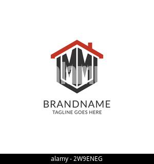 Monogramme initial DE logo MM avec conception de forme hexagonale de toit de maison, graphique vectoriel de conception de logo immobilier simple et minimal Illustration de Vecteur