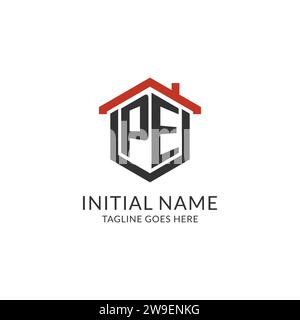 Logo initial PE monogramme avec conception de forme hexagonale de toit à la maison, graphique vectoriel de conception de logo immobilier simple et minimal Illustration de Vecteur