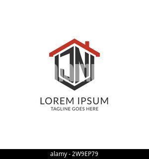 Monogramme initial de logo JN avec la conception de forme hexagonale de toit à la maison, graphique vectoriel de conception de logo immobilier simple et minimal Illustration de Vecteur