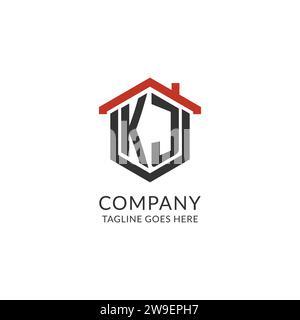 Monogramme initial de logo KJ avec la conception de forme hexagonale de toit de maison, graphique vectoriel de conception de logo immobilier simple et minimal Illustration de Vecteur