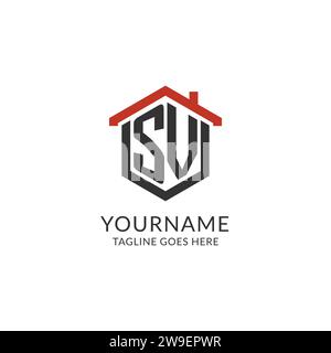 Logo initial SV monogramme avec conception de forme hexagonale de toit à la maison, graphique vectoriel de conception de logo immobilier simple et minimal Illustration de Vecteur