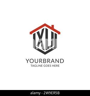 Monogramme initial de logo XU avec conception de forme hexagonale de toit de maison, graphique vectoriel de conception de logo immobilier simple et minimal Illustration de Vecteur