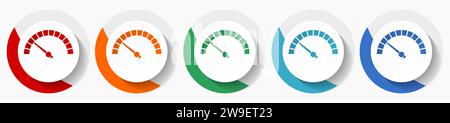 Compteur de vitesse, ensemble d'icônes vectorielles d'indicateur rapide, icônes plates pour la conception de logo, webdesign et applications mobiles, boutons ronds colorés Illustration de Vecteur