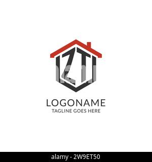 Monogramme initial de logo ZT avec la conception de forme hexagonale de toit de maison, graphique vectoriel de conception de logo immobilier simple et minimal Illustration de Vecteur