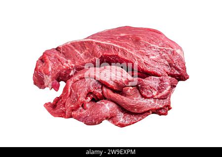 Filet de viande de boeuf cru tranché isolé sur fond blanc, vue de dessus Banque D'Images