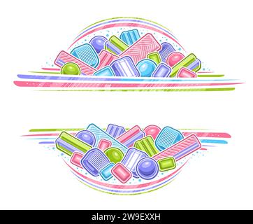 Bordure vectorielle pour Bubble Gum avec espace de copie pour le texte de l'annonce, panneau d'affichage avec la conception de dessins animés diverses gommes à bulles colorées, disposition décorative avec groupe de Illustration de Vecteur