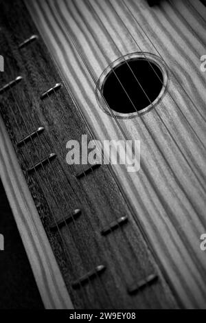 Détail de Zither (instrument de musique) Fretboard, fretts et cordes instrument Vintage d'Europe de l'est en noir et blanc Banque D'Images