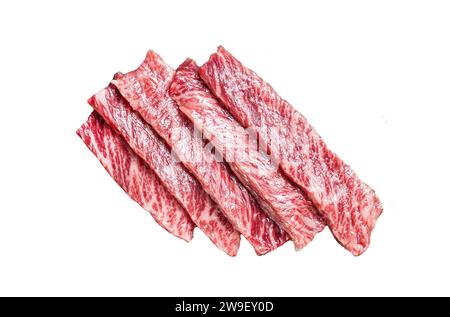 Tranches rares premium de bœuf Wagyu A5 à texture marbrée élevée. Isolé sur fond blanc, vue de dessus Banque D'Images